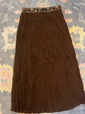 Worthington Dark Brown Pleated Maxi Skirt with Sequin Waistband